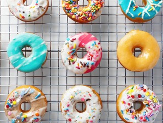 Freshly baked assorted donuts in vibrant icing colors sit on a cooling rack. Each donut is topped with colorful sprinkles, showcasing a delightful array of flavors and textures