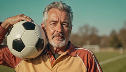 Elderly man holding soccer ball with confident expression on field  