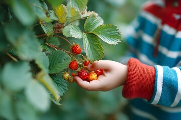 A child's small hand delicately picks ripe strawberries from a lush green bush, symbolizing the simple joys of nature, fresh food, childhood discovery, and sustainable living.