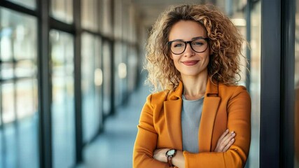 Portrait of a smiling woman with curly hair wearing glasses and a mustard-colored blazer in a modern office setting - Powered by Adobe