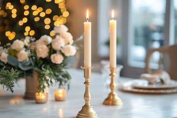 Elegant tall taper candles in golden candle holders placed on a marble dining table with soft lighting 