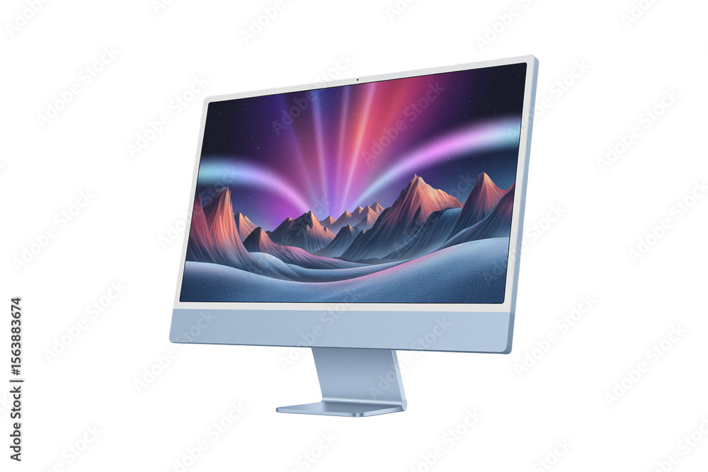 Fototapete Modern computer monitor displaying a vibrant aurora borealis over snow capped mountains