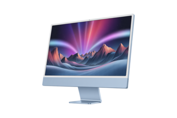 Modern computer monitor displaying a vibrant aurora borealis over snow capped mountains