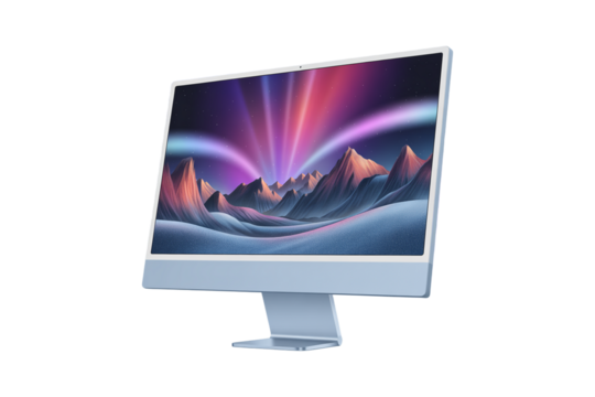 Modern computer monitor displaying a vibrant aurora borealis over snow capped mountains