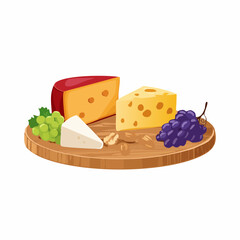 Artisan Cheese Assortment: A delectable assortment of artisan cheese, artfully arranged on a wooden platter alongside fresh grapes and garnishes, beckoning to indulge in this culinary delight.