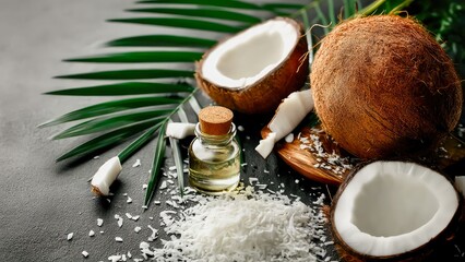 Coconut Oil and Fresh Coconuts on Palm Leaves