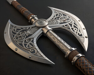 A decorative double-bladed axe with intricate engravings and a patterned handle