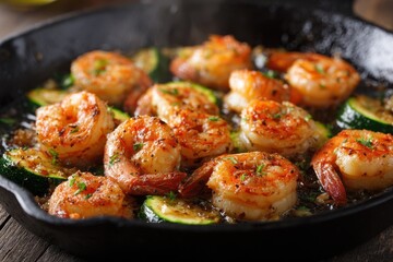 Fototapeta premium Shrimp Skillet. Delicious Garlic Shrimp and Courgette Meal in Iron Frying Pan