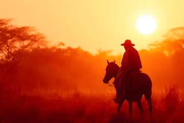 Gardinen A silhouetted gaucho on horseback rides across a fiery landscape at sunset, symbolizing freedom, traditional rural life, adventure, and the spirit of the Wild West or South American plains. © Alona