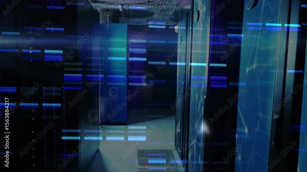 Poster blue streaks gliding across server corridor forming grid and glyphs drifting showing data flow