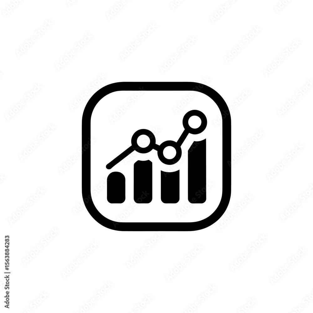 Aufkleber black and white icon representing a bar graph with a line chart trending upwards