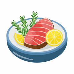 Gourmet Salmon Dish: A delectable illustration of a vibrant salmon fillet elegantly presented on a ceramic plate with fresh lemon wedges and aromatic rosemary sprigs, creating a culinary masterpiece.