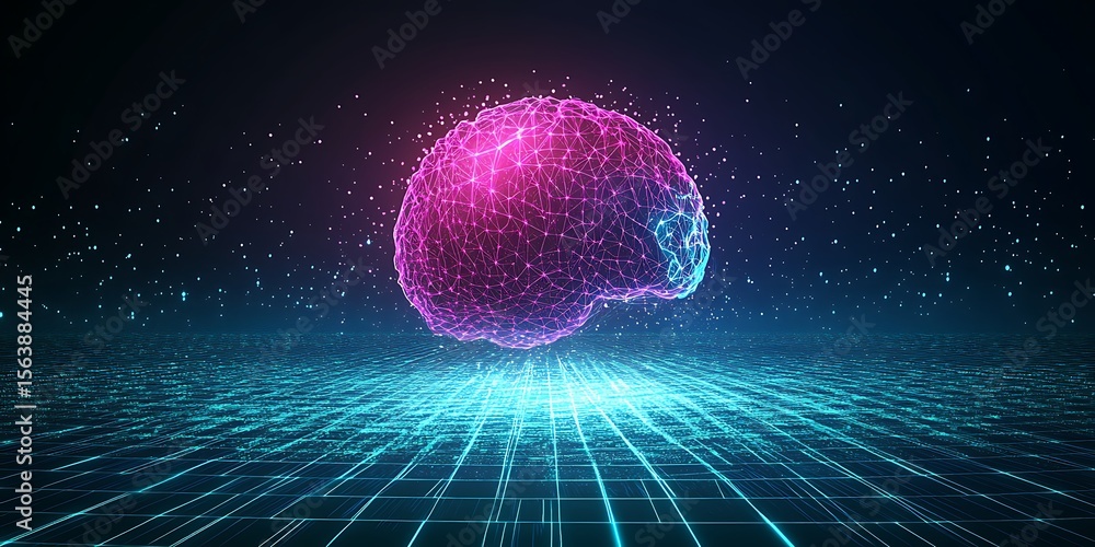 Poster abstract futuristic brain in digital network background with glowing lines and dots in pink purple a