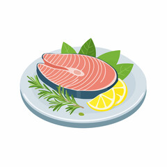 Fresh Salmon Delight: A vibrant illustration showcases a delectable salmon steak, artfully arranged on a plate with fresh lemon and aromatic herbs, promising a culinary delight.