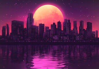 Fototapeta premium Night city skyline, large moon, reflected in water, futuristic city, background