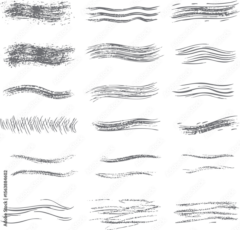 Poster vector artistic wave brush stroke texture set. abstract hand painted line elements. great for creati