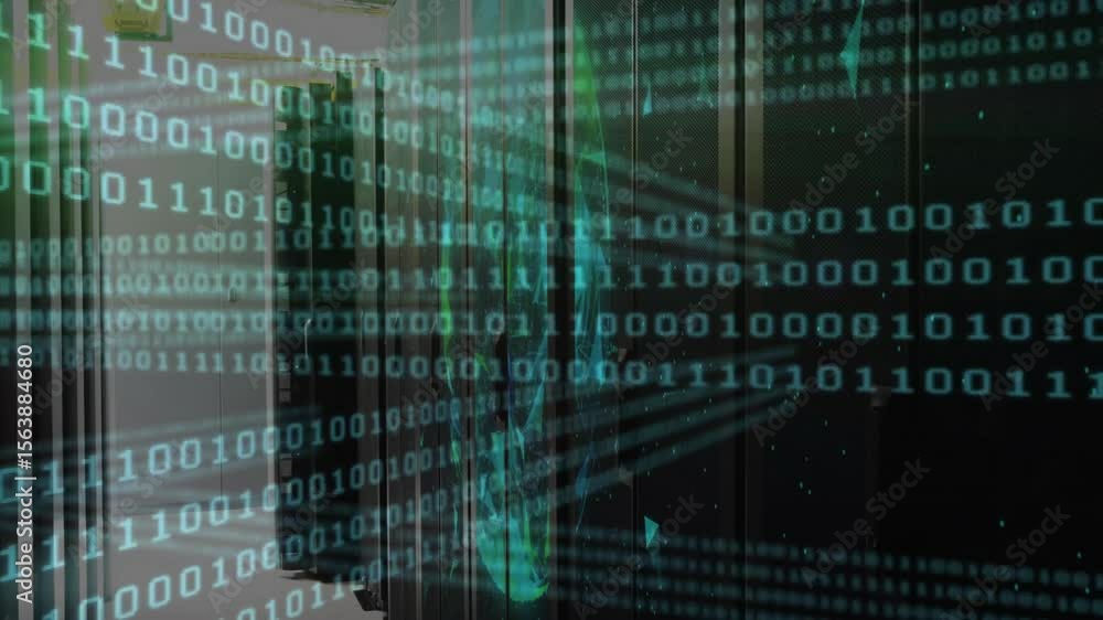 Poster green text appearing on racks causing binary streams, beam arcing to illustrate data tunnel effect