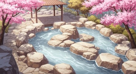 Serene Outdoor Hot Spring Amidst Cherry Blossoms and Natural Stone Arrangements