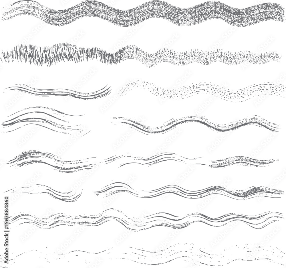 Poster wavy ink line texture collection with brush strokes. abstract handmade wave elements. ideal for post