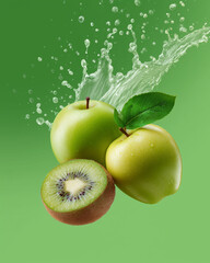Fresh kiwi and two green apples with splashing water on gradient green background, vibrant food photography.