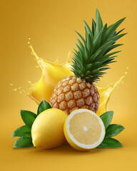 Fresh pineapple, lemon and juice splash in a vibrant yellow background, showcasing a tropical fruit scene and refreshing concept