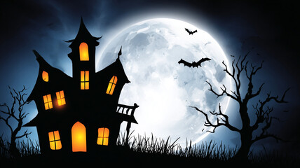 Halloween house. A terrible house on the background of the moon and a flock of bats.