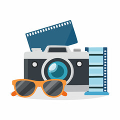 Camera, Film, Sunglasses: A stylish flat lay composition featuring a classic camera, a roll of film, and a pair of sunglasses, evocative of summer adventures and cherished memories. 