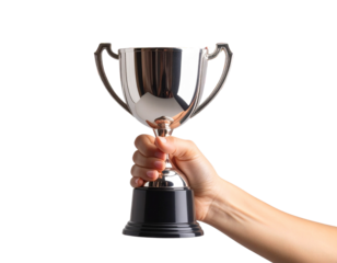 Athlete’s Hand Clutching Sleek Silver Cup with Confetti Burst, isolated on transparent background.