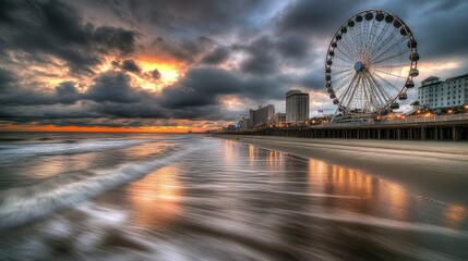 Dramatic coastal scene at sunrise with a Ferris wheel.