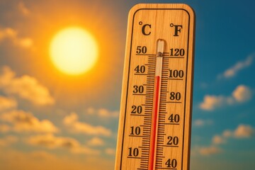 Bright Sun Shining Over Wooden Thermometer Measuring High Temperature heat summer