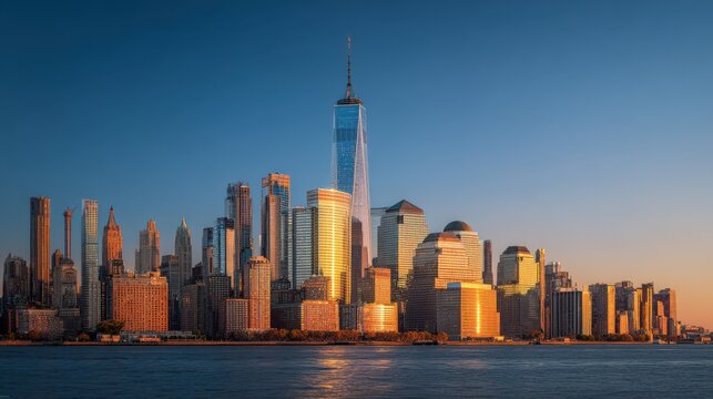 New york city skyline bathed in golden hour sunlight over the hudson river