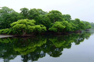 Fototapeta premium Lush green mangrove forest with intricate roots and calm water reflections lush greenery exposed roots