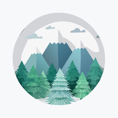 Serene Mountainous Landscape: A meticulously crafted illustration of a serene mountain landscape, featuring majestic peaks, verdant evergreens.