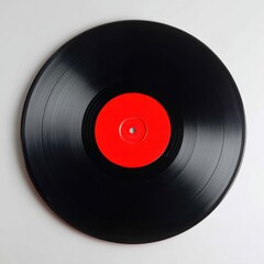 Fototapeta premium A black vinyl record with a bright red label centered on a white background
