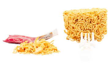 Cup of instant noodles, condiments, plastic forks on white background