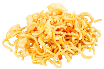 Pile of instant noodles on a white background