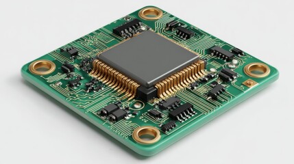 Detailed view of a square green circuit board with central processor and components