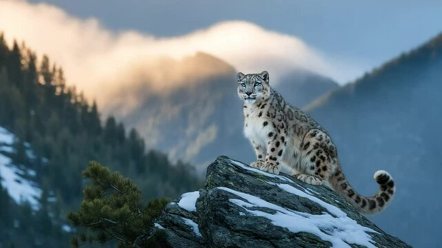 A majestic snow leopard with piercing blue eyes surveys its snowy mountain habitat at dawn.
