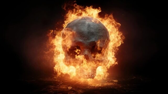 Flaming skull surrounded by intense fire on dark background, horror and danger concept with fiery glow