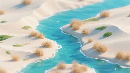 Serene desert oasis with turquoise water and sandy dunes dotted with vegetation