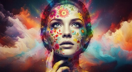 Fototapeta premium Vibrant Cosmic Portrait of a Woman Adorned with Colorful Floral Patterns Amidst Nebulae