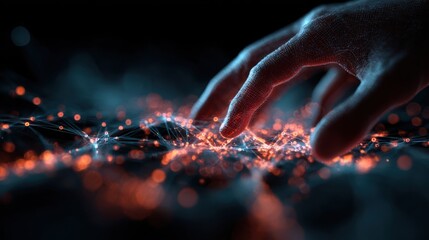 Human finger interacting with a glowing digital network of data points