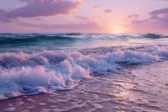 Gentle ocean waves at sunset with pink clouds and sparkling water beach