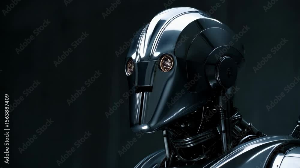 Poster futuristic robot head rotation with metallic design and intricate components