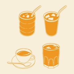 Set of original hand-drawn beverage illustrations in a minimalist style. Vector illustrations of glasses with drinks for posters, cards, cafe menus, and graphic design.