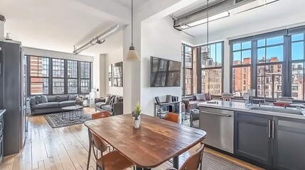 Spacious loft apartment with exposed brick and large windows.