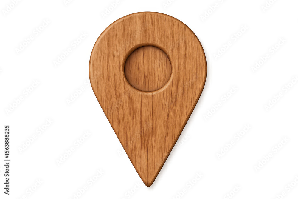 Poster wooden location pin icon with a circular cutout, set against a transparent background, ideal for nav
