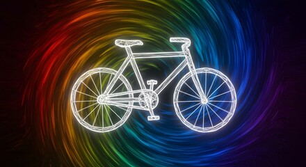 Fototapeta premium Luminous Wireframe Bicycle on Swirling Rainbow Background, Modern Art