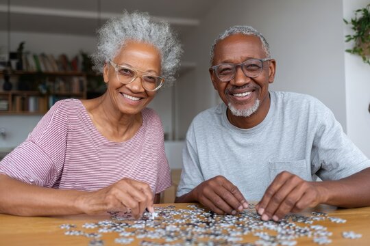 Solving Tech Puzzle. African American Senior Couple Joyfully Solving Jigsaw Puzzle at Home