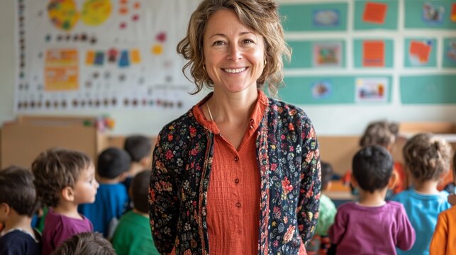 Cheerful educator stands confidently in colorful classroom, surrounded by young students, radiating warmth and enthusiasm for teaching and learning environment